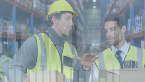 animación de estadísticas y procesamiento de datos financieros sobre los hombres que trabajan en el almacén