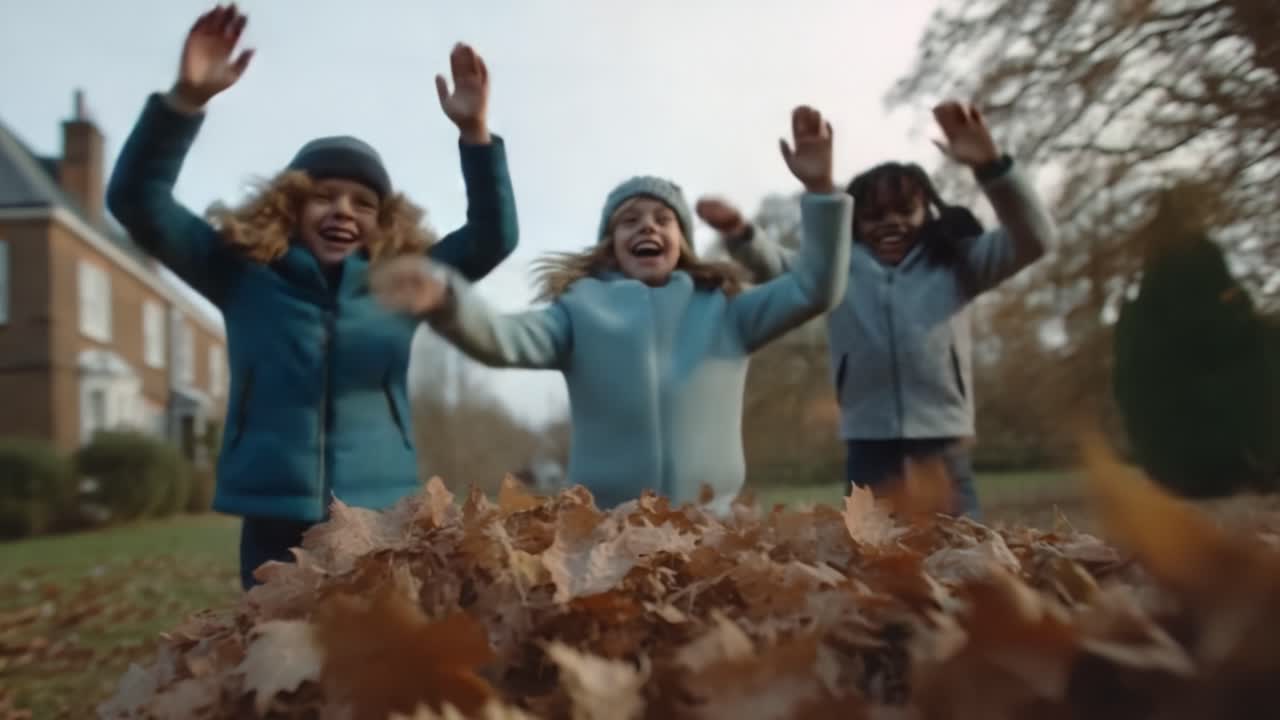 Joyful Children Playing in Autumn Leaves – A Heartwarming Scene of Innocence and Fun as Kids Delight in the Magic of Nature's Colors and Textures