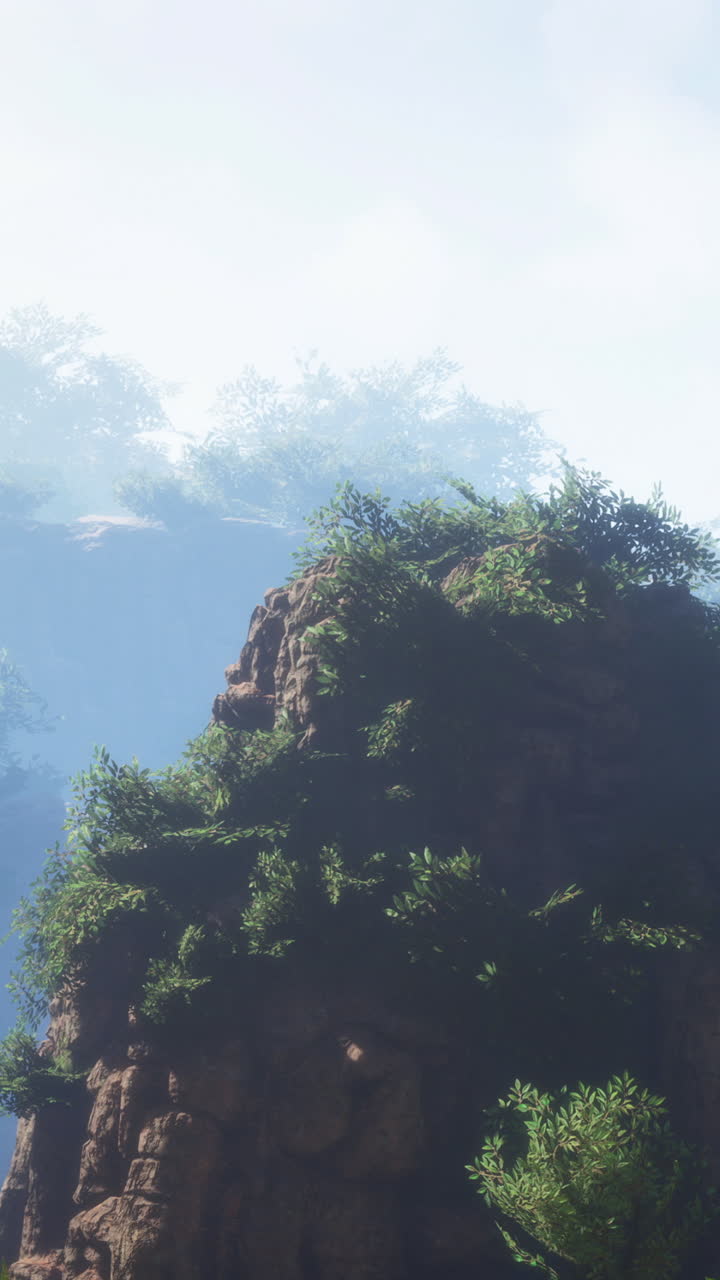 Misty mountain landscape with lush greenery and rocky formations in daytime