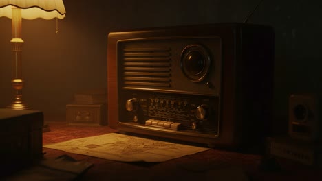 a nostalgic scene captured in two frames: a vintage radio on a table with dim lighting, set against a backdrop of maps and antique decor