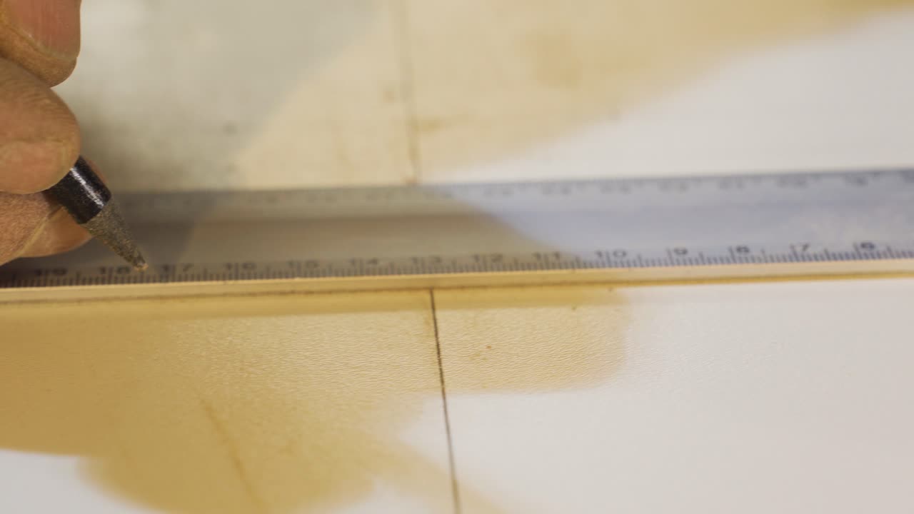 Carpenter's Hands Measures the board with a ruler and marks it with a pencil.