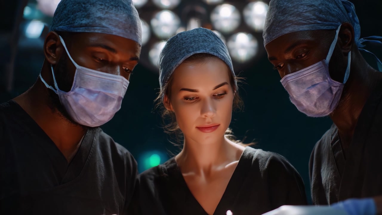 Tre professionisti medici concentrati su un compito chirurgico in una sala operatoria ben illuminata, mostrando collaborazione e precisione in un contesto sanitario critico.