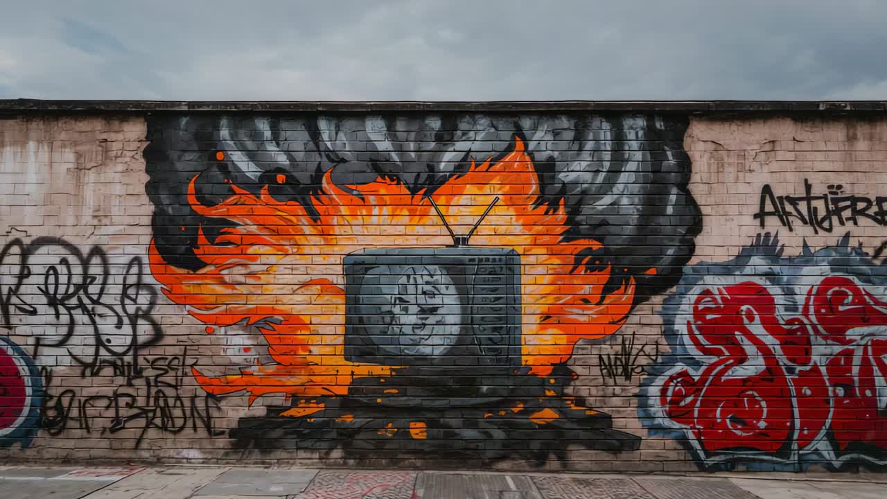 Pushing camera tilting upward into brick wall graffiti, revealing flaming CRT TV with curling smoke