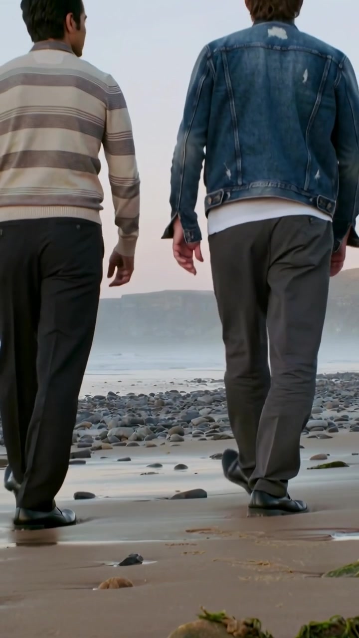 Vertical video: Pulling back showing two men walking to sea on shore, denim, striped, pebbles