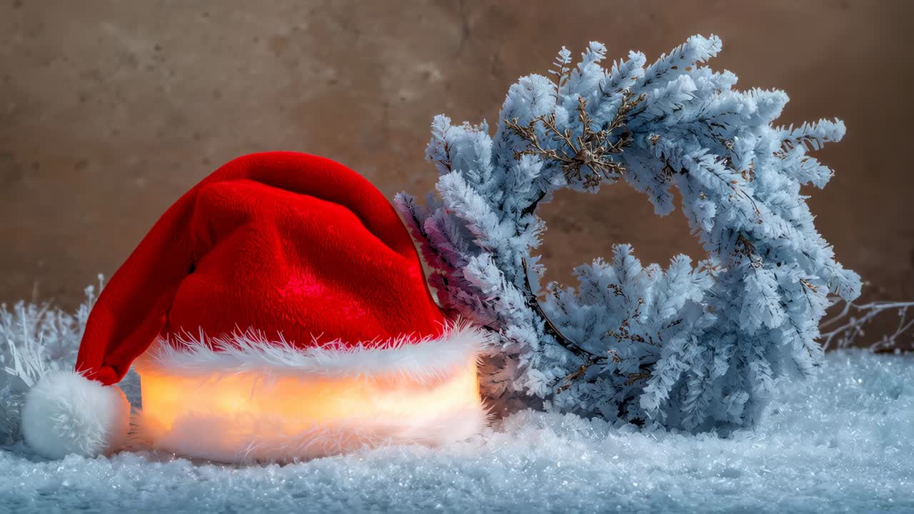 Pulsing Santa hat glowing from hidden LED on table, lighting wreath for holiday display, copy space