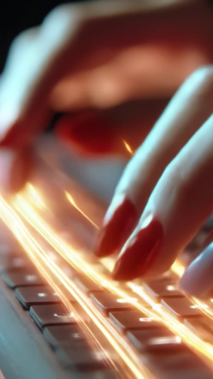Nærbillede af elegante fingre, der taster på et tastatur med levende lyseffekter, der viser fusionen af teknologi og æstetisk skønhed