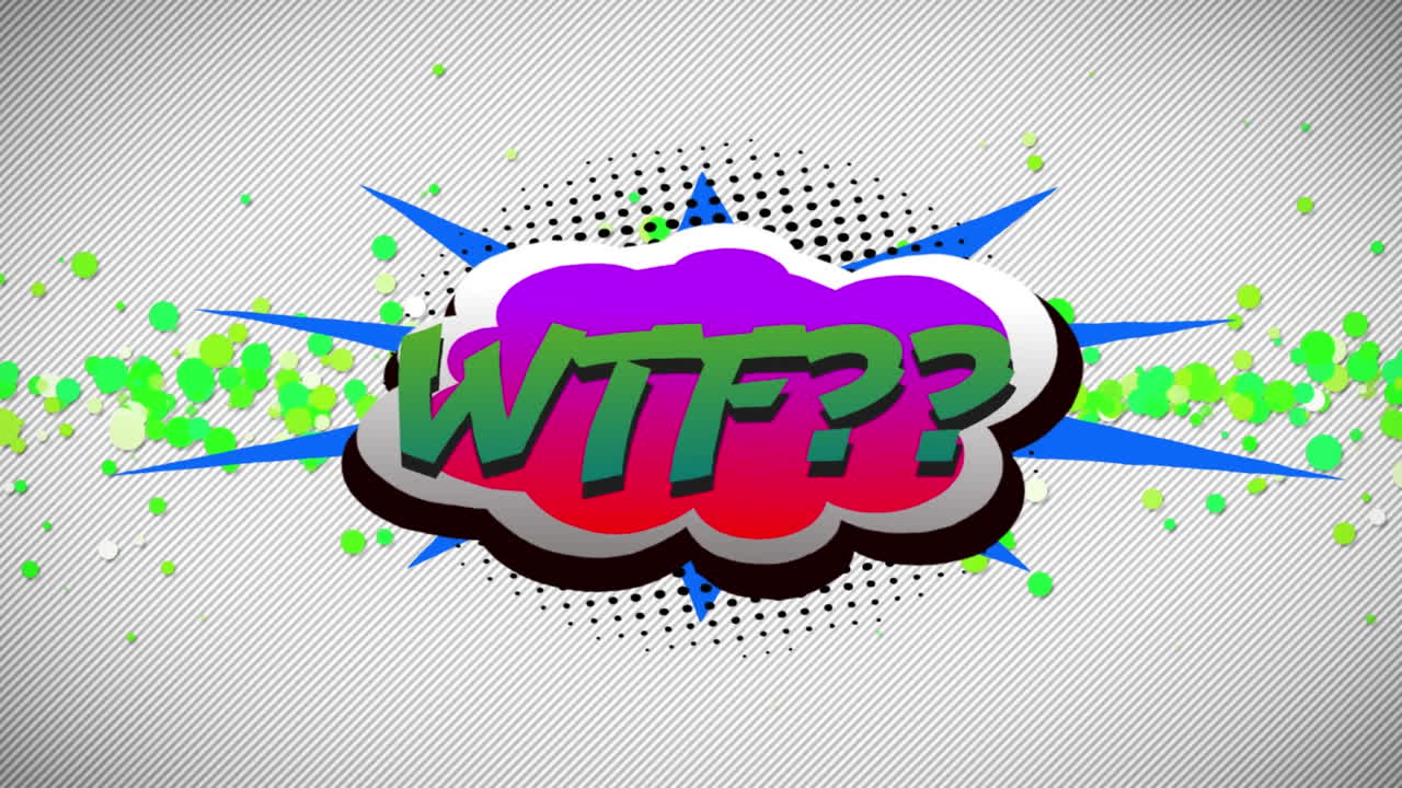 wtf texto en burbuja de habla contra puntos verdes que se mueven en fondo gris