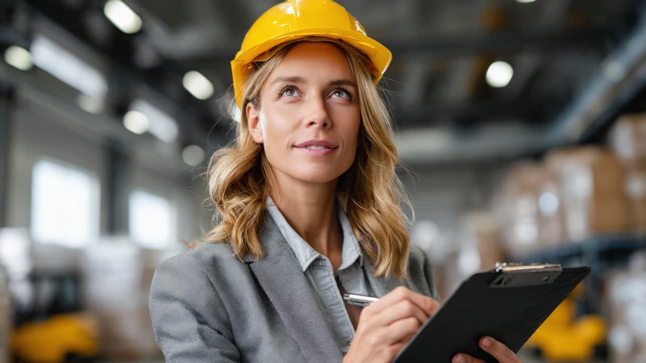 A Professional Woman in Safety Gear Analyzing Data and Planning in a Warehouse Environment, Showcasing Leadership and Organizational Skills