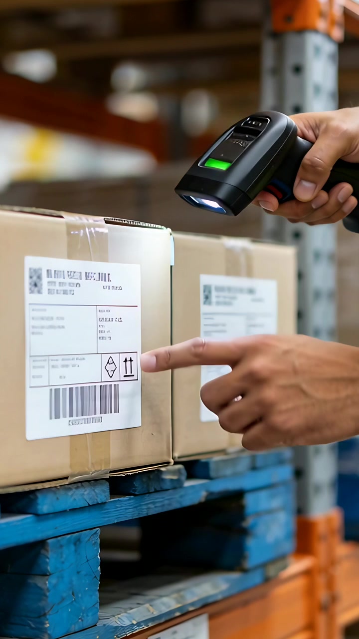 Vertical video: Pointing worker in tee scanning with scanner on warehouse pallet, LED turning green