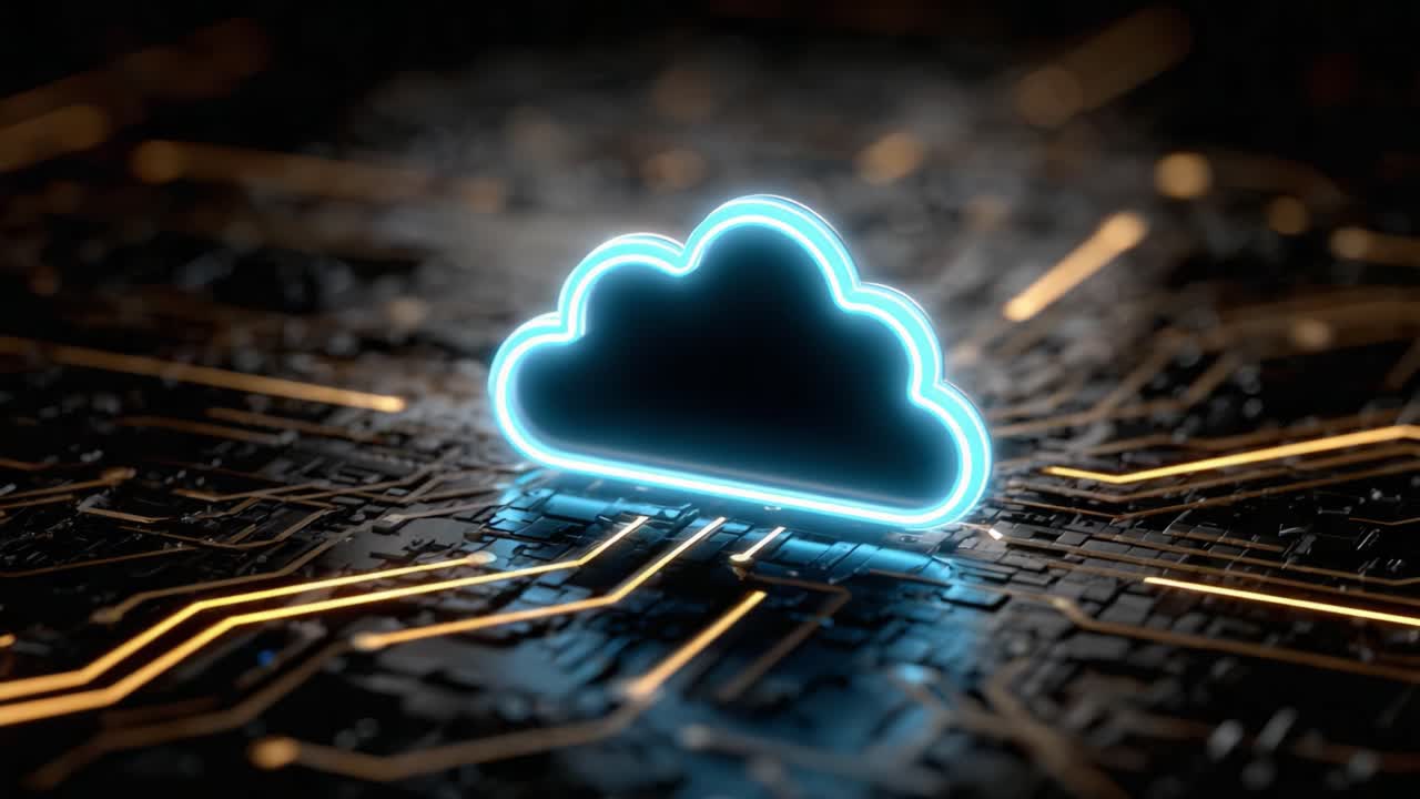 A Digital Cloud Symbol Illuminated on a Circuit Board Background, Representing Cloud Computing Technology and Data Storage Innovations for Modern Connectivity