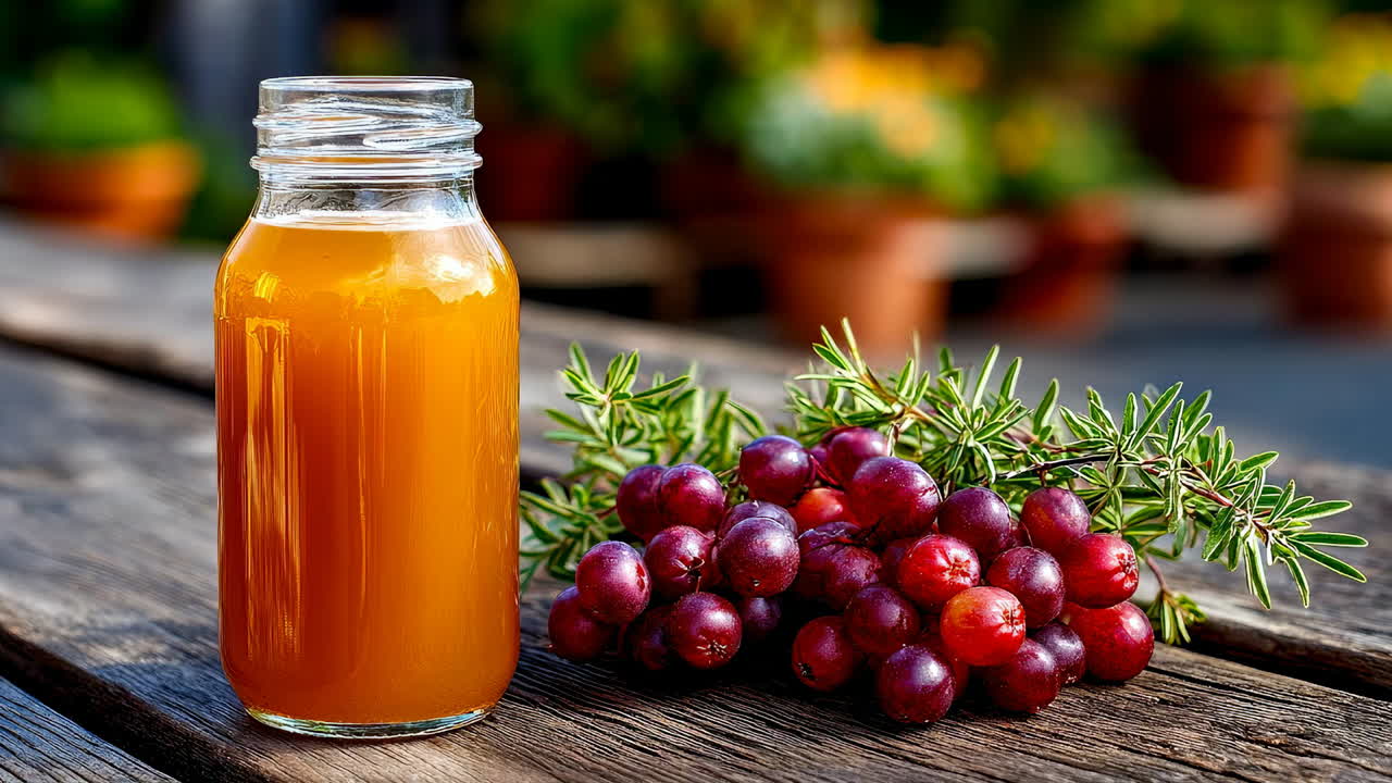 Fresh juice and grapes on a wooden table. Juice is pouring from a jar beside fresh grapes on a rustic wooden table in a vibrant garden setting
