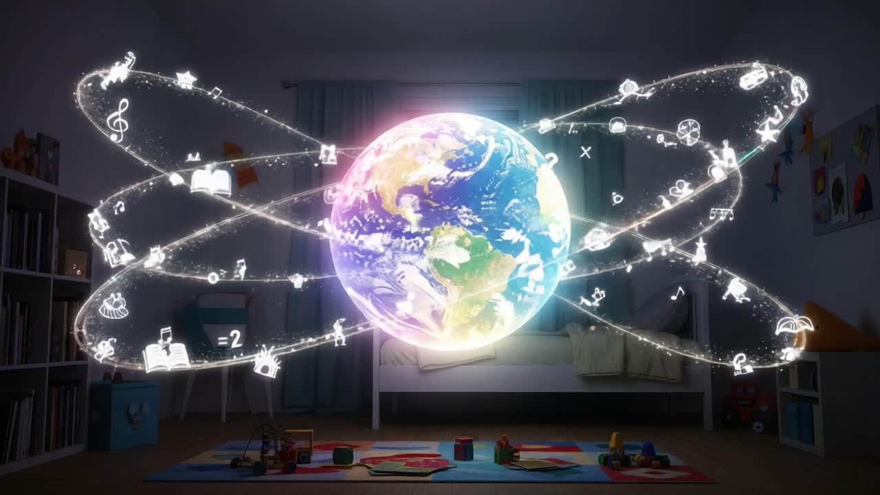 A Magical Visualization of Knowledge and Imagination Surrounds the Earth, Blending Playfulness with Learning in a Child's Room Atmosphere