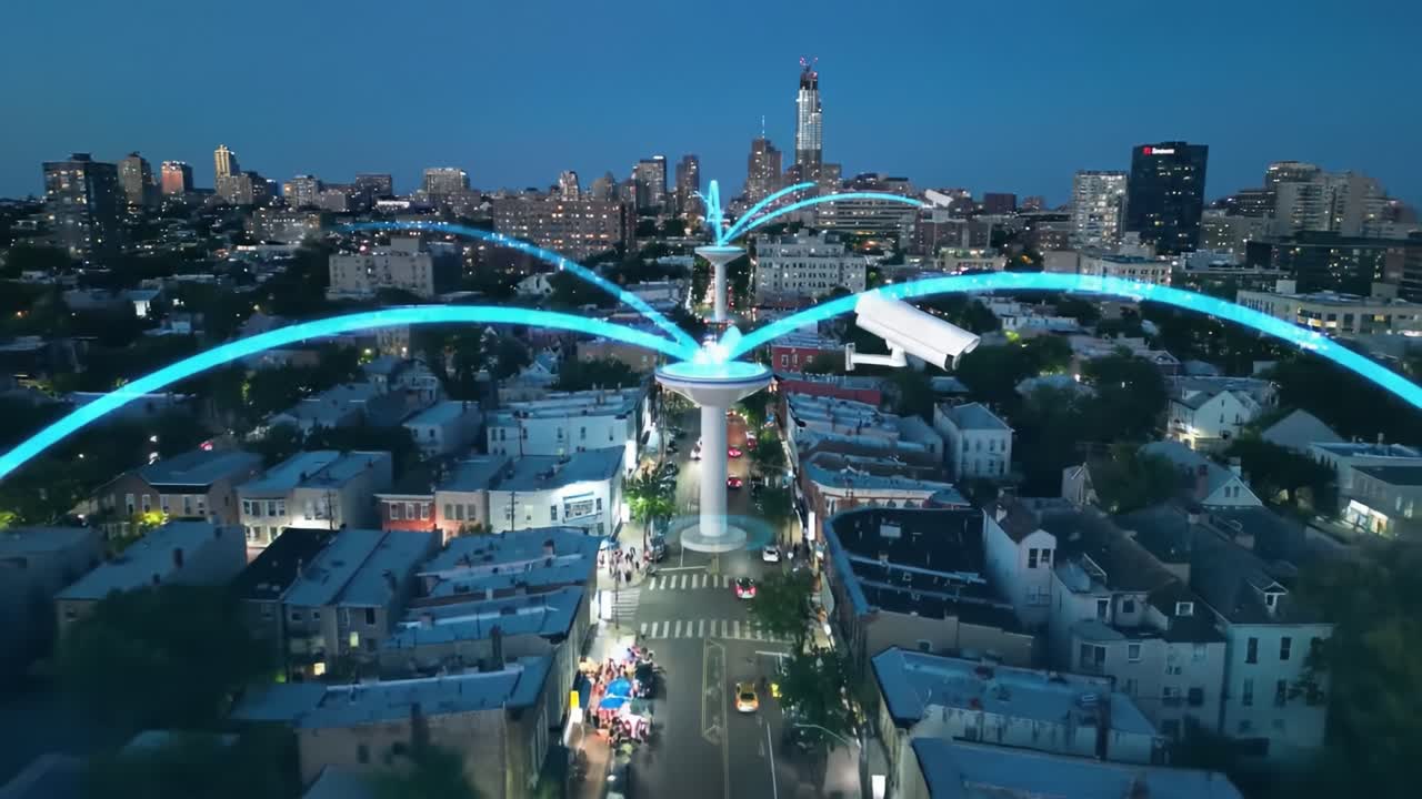 A vibrant night view showcases a city skyline lit up with bright lights. A fountain at a square features colorful water sprays while people enjoy the lively atmosphere in the streets below.