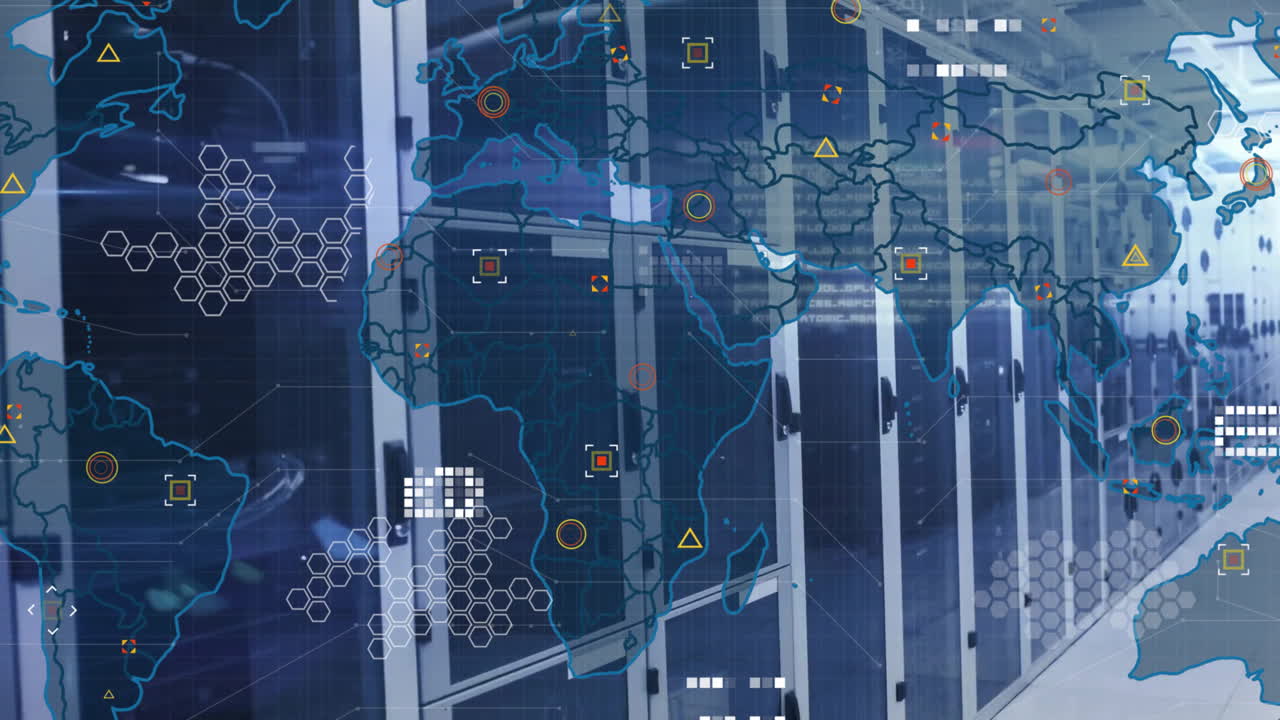 Animation of data processing and world map over computer servers