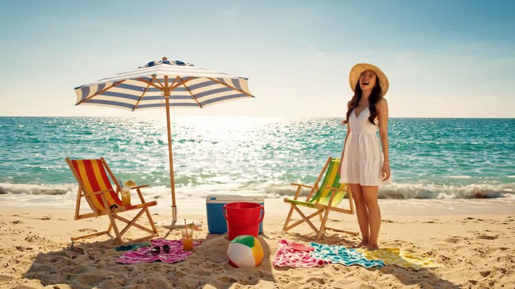 Donna felice che si gode una perfetta giornata estiva in spiaggia.