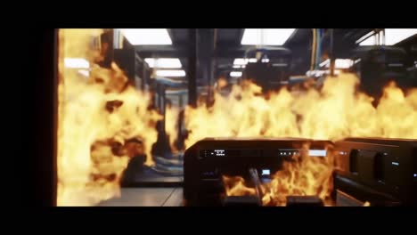 a server room engulfed in flames highlights the dangers of technology and data security, showcasing the urgency for fire prevention measures in modern facilities