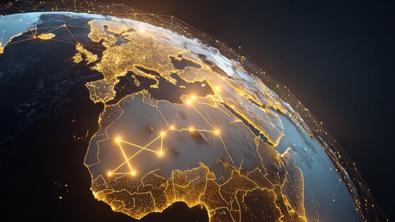 Una Prospettiva Sbalorditiva della Terra che Mostra le Regioni Illuminate di Europa e Africa con Connessioni Dinamiche, Evidenziando Reti Globali e Infrastrutture.