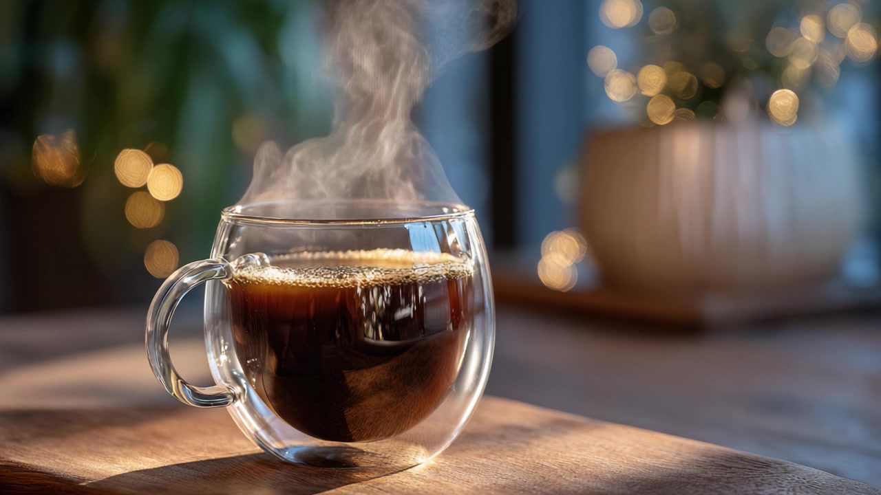 Vista aérea de una taza de café humeante en un vaso transparente sobre una superficie de madera, realzando el ambiente acogedor creado por cálidas luces bokeh en el fondo