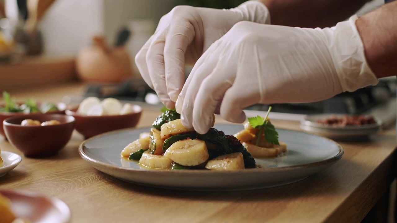 Picking up gloved hands placing rounds into stack at stove, adding green garnish for service