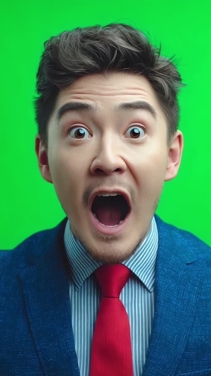 Astonished and Amused Expressions: A Dramatic Shift from Shock to Grin Captured in Two Frames Against a Vivid Green Backdrop