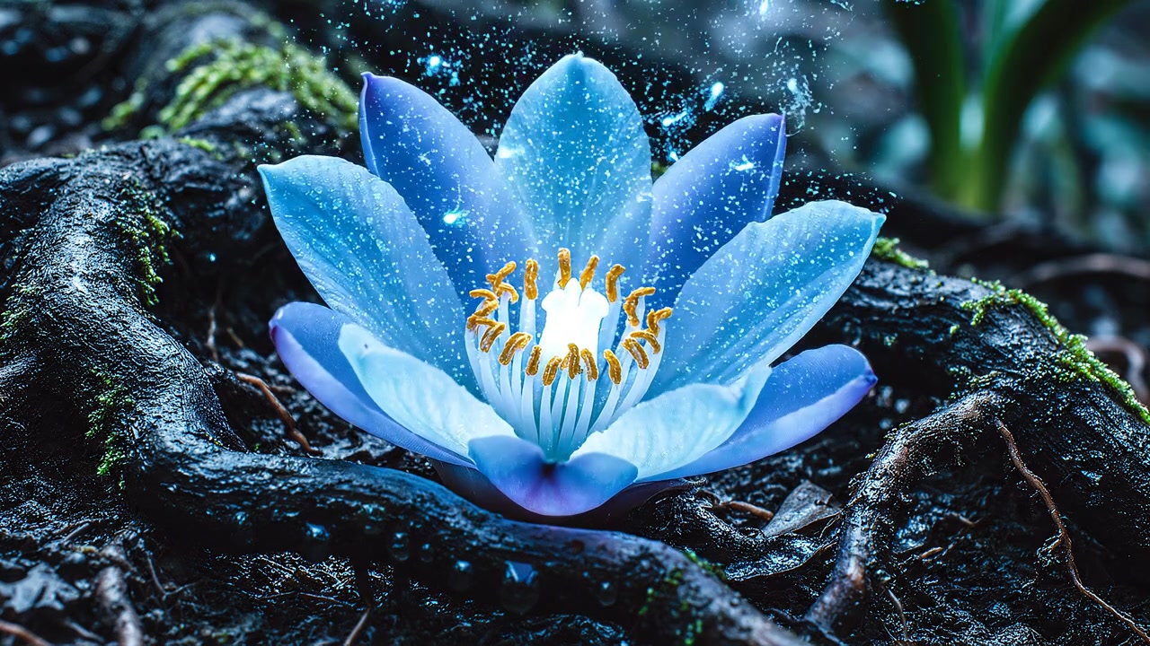Glowing purple flower bud nestled among mossy forest tree roots