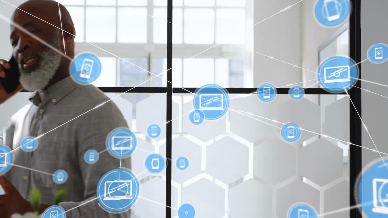 Talking on phone, man surrounded by digital network icons animation over office background