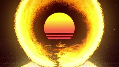 사람들의 실루 ⁇ 과 원과 번개와 함께 불의 반지