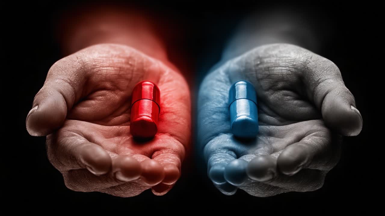 Una rappresentazione visiva sorprendente della scelta: il contrasto di capsule rosse e blu in una mano aperta, che simboleggia i dilemmi del processo decisionale e delle conseguenze.