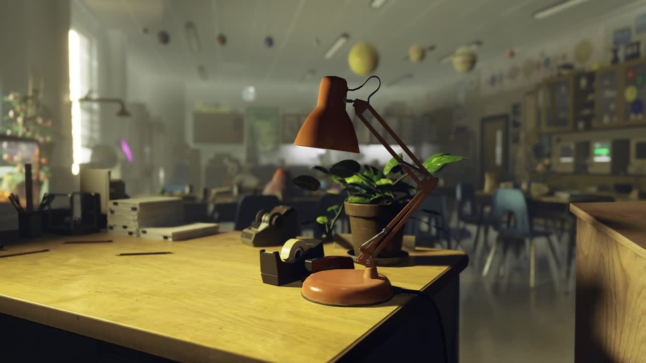 Vintage desk lamp and green plant in a classroom with educational decor