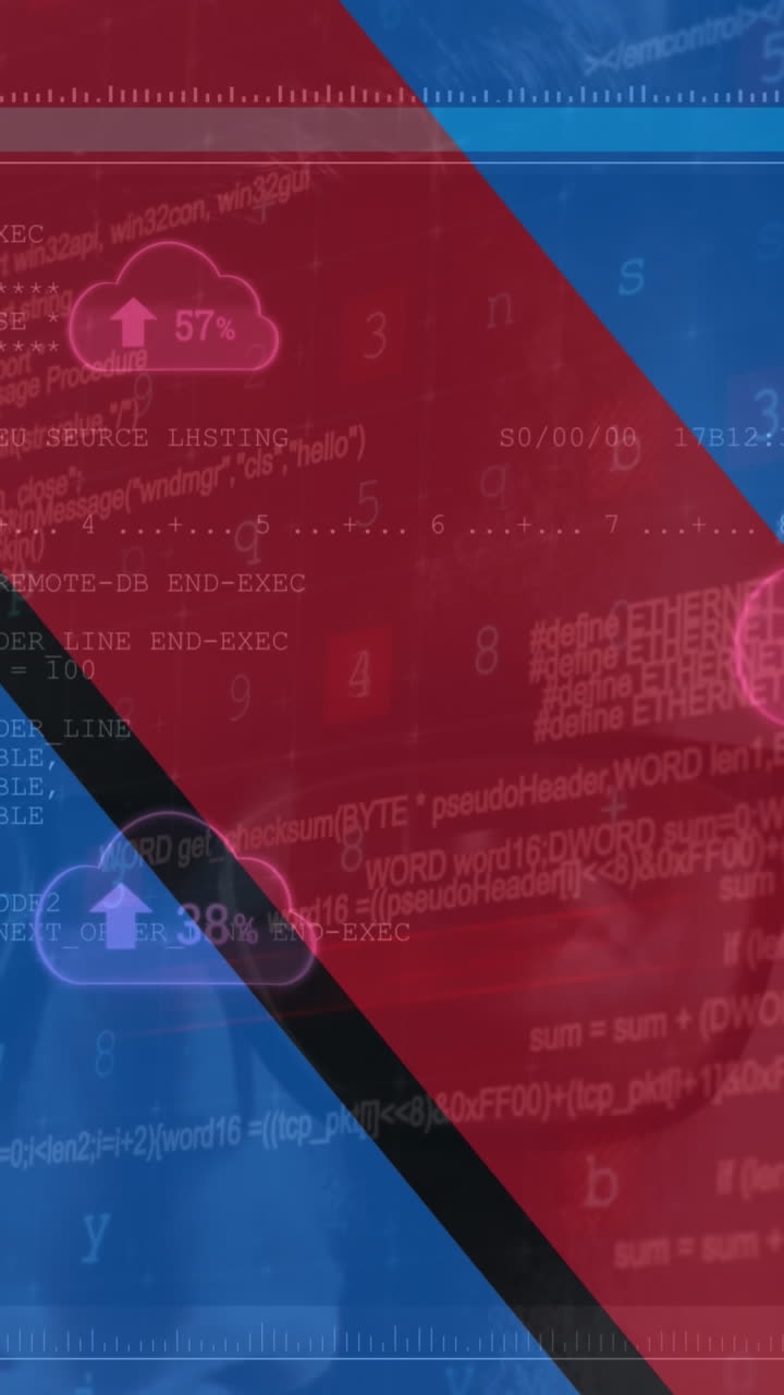 animación de un hacker caucásico y procesamiento de datos sobre la bandera de ucrania y rusia