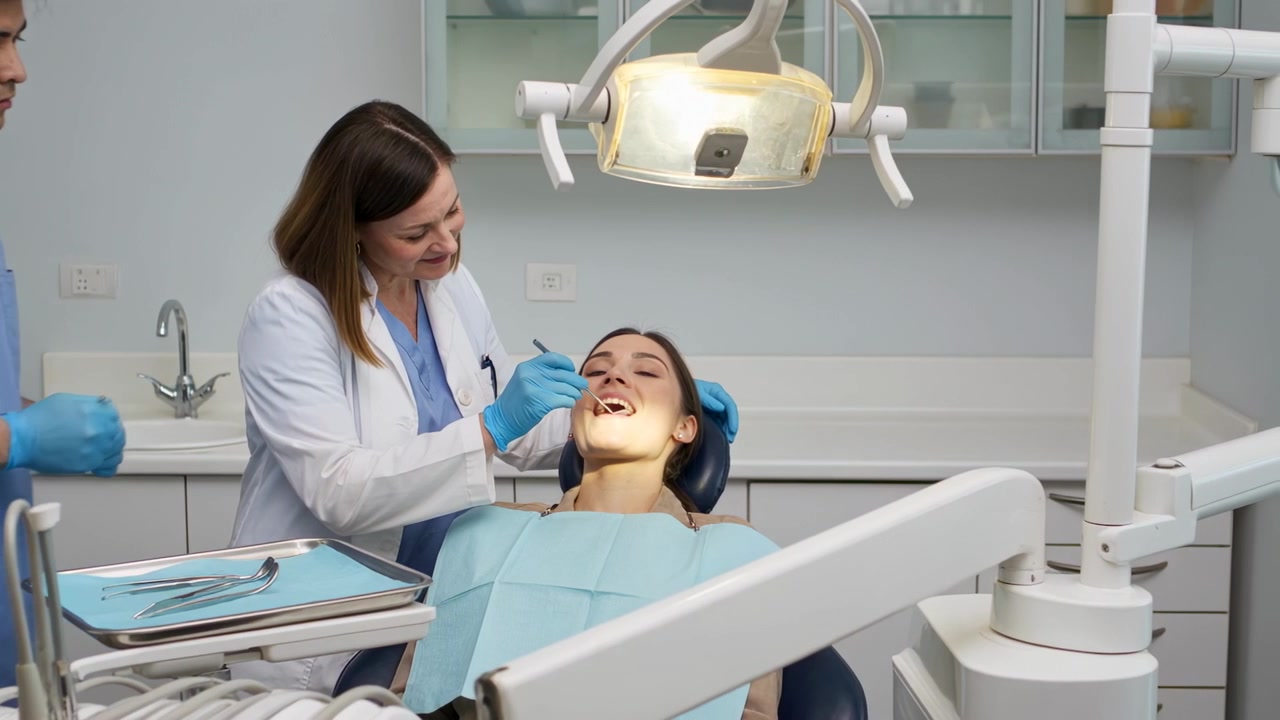 Lampada che si accende, dentista in camice che esamina i denti per un controllo in clinica, assistente in divisa che porge gli strumenti.