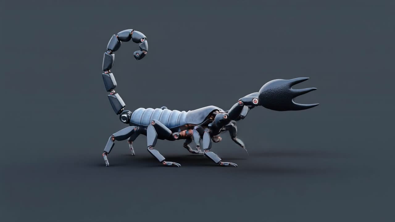 Mechanische schorpioenrobot die loopt op een donkergrijze achtergrond