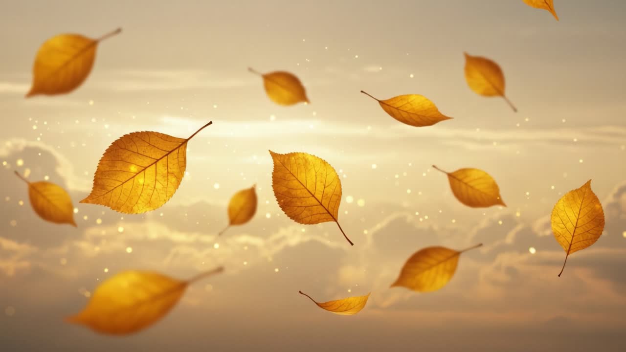 A Serene Autumn Scene Featuring Floating Golden Leaves Against a Dreamy Sunset Sky with Soft Glowing Particles Creating a Tranquil Atmosphere