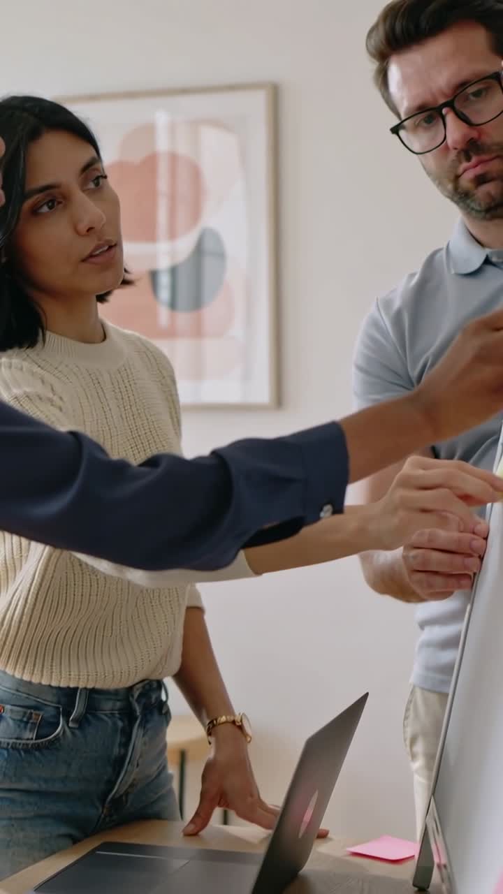 Video verticale: Collega che offre un appunto a una donna in top che appunta note su una bacheca, usando il PC per la pianificazione in ufficio