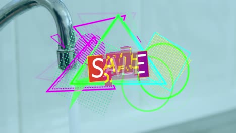 Animation-of-sale-text-over-abstract-neon-shapes-and-water-tap