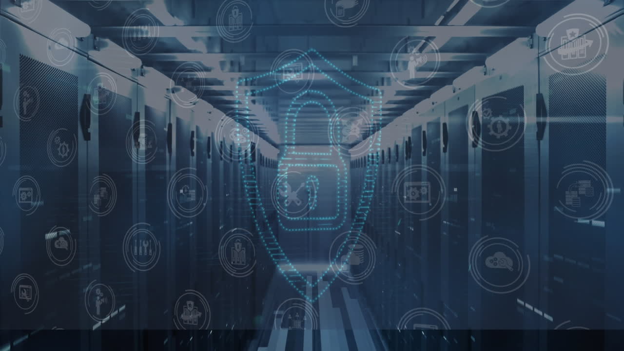 Blue digital padlock with icons foreground