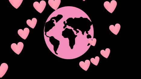 animation of hearts falling over pink globe on black background