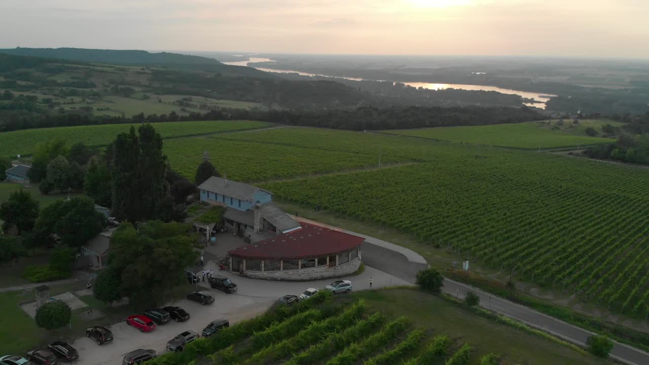 alojamiento en un complejo de lujo rodeado de viñedos en las colinas de hungría - drone aéreo