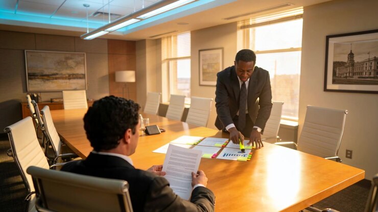 Leaning presenter in dark suit marking reports in boardroom after spread charts