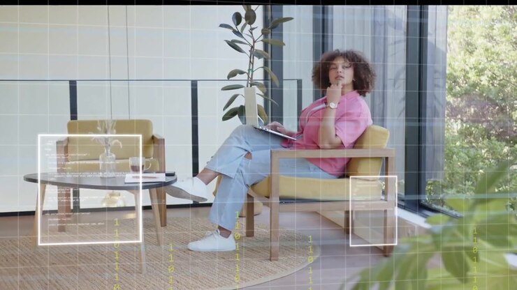 Donna che digita su un laptop in un angolo del salotto, avviando caselle di codice animate che mappano la stanza per una demo tecnologica.