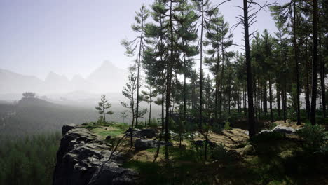 majestic mountain view from a forested cliff at dawn