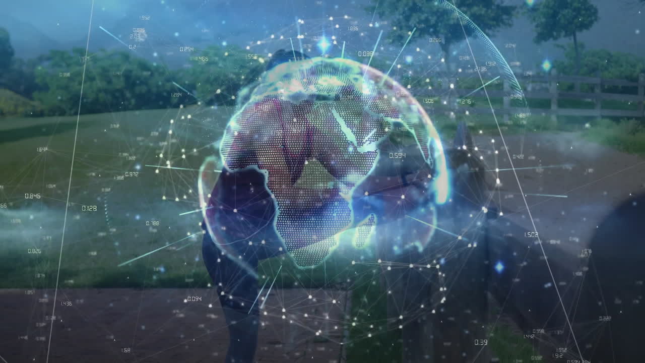 female boxer sparring and punching outdoors, featuring holographic globe with fitness tech data