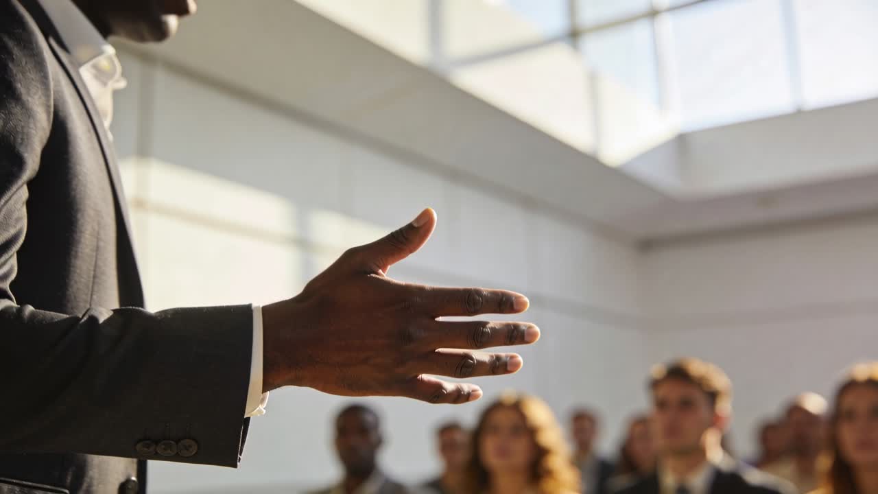 Telecamera che si allarga mostrando un presentatore in abito con i polsini della camicia in vista che si rivolge al pubblico della conferenza, spazio per il testo.