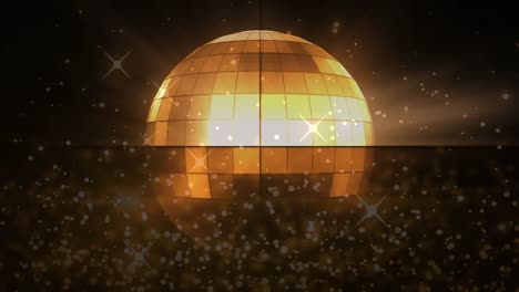 animation of light spots and shining stars over spinning golden disco ball against black background