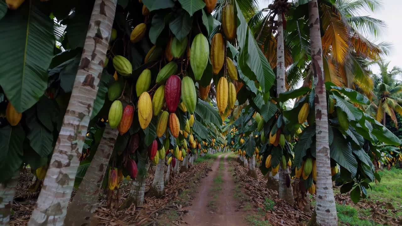 Aerial video of a tropical plantation with tall palm trees lining a dirt path, creating a lush