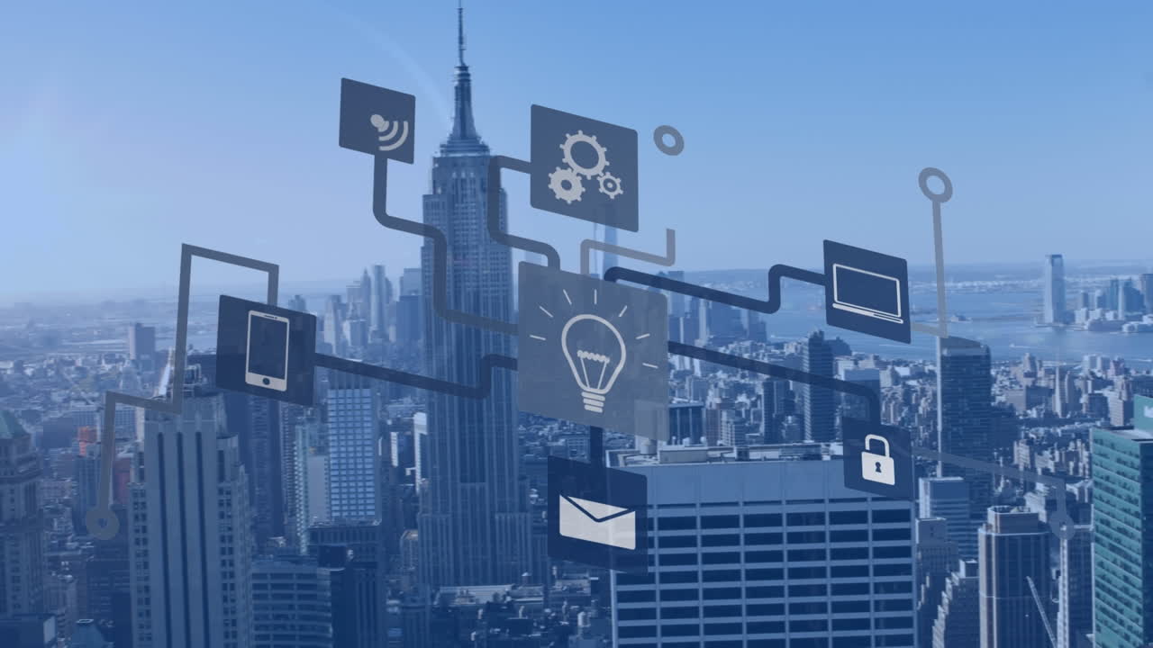 도시 풍경 위의 기술 아이콘의 애니메이션