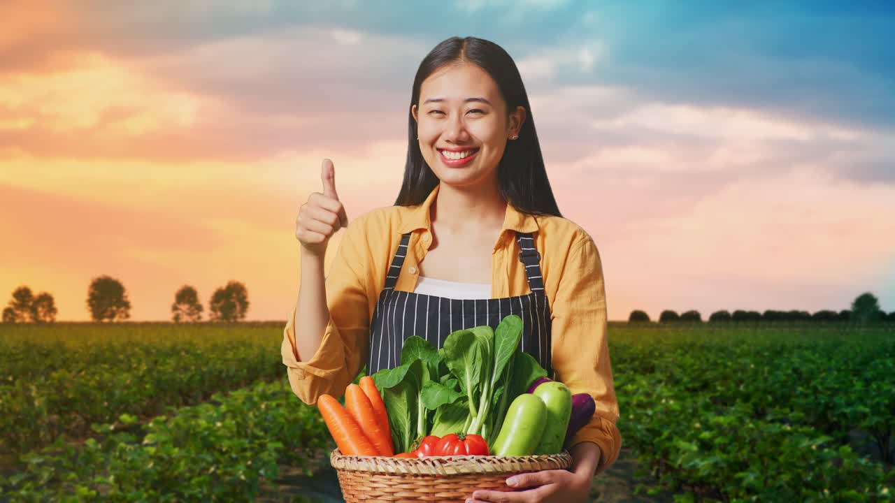 신선 한 채소 바구니 를 가진 여자 농부