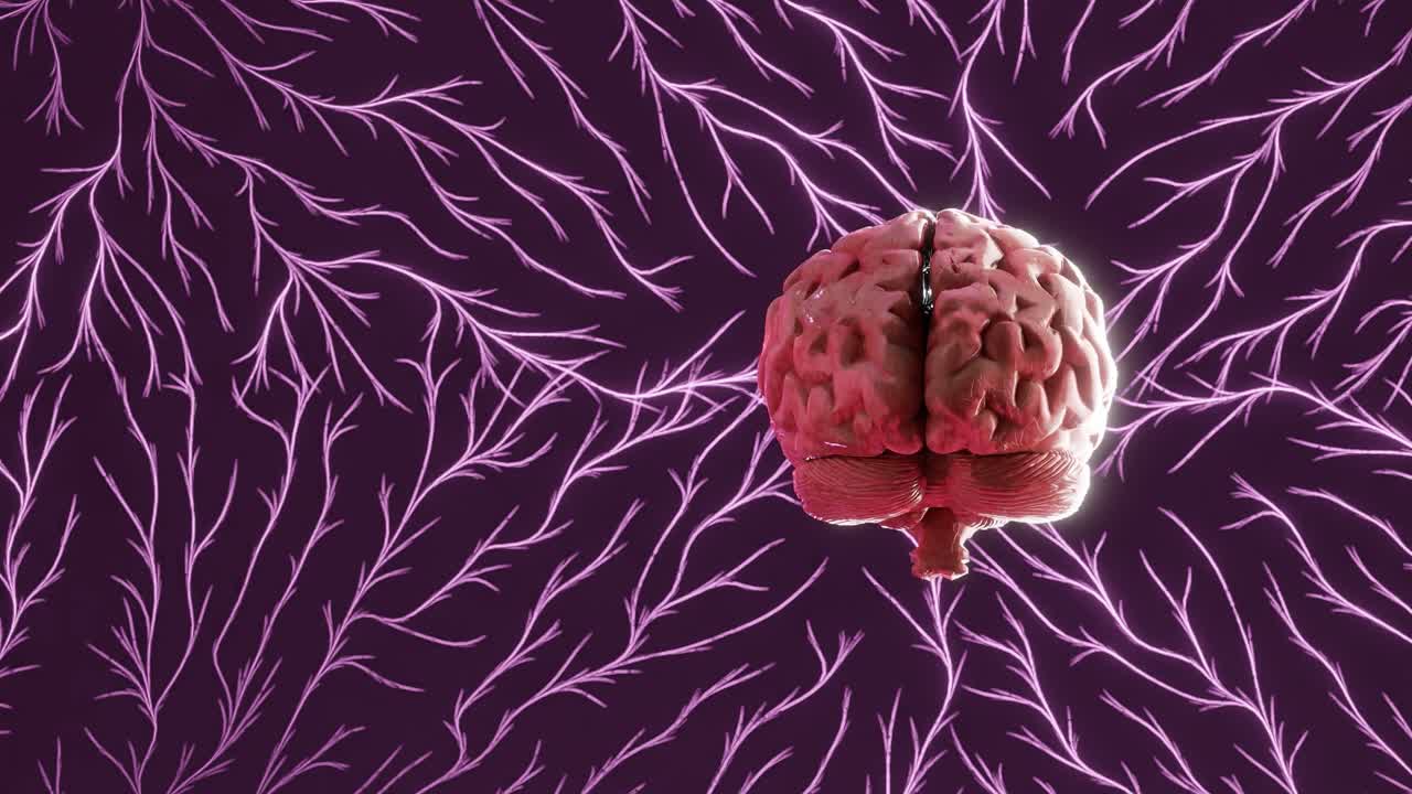 Human brain in center of glowing pink neural network pattern on dark background. Neuroscience, artificial intelligence and mental connectivity concept. Digital illustration with copy space