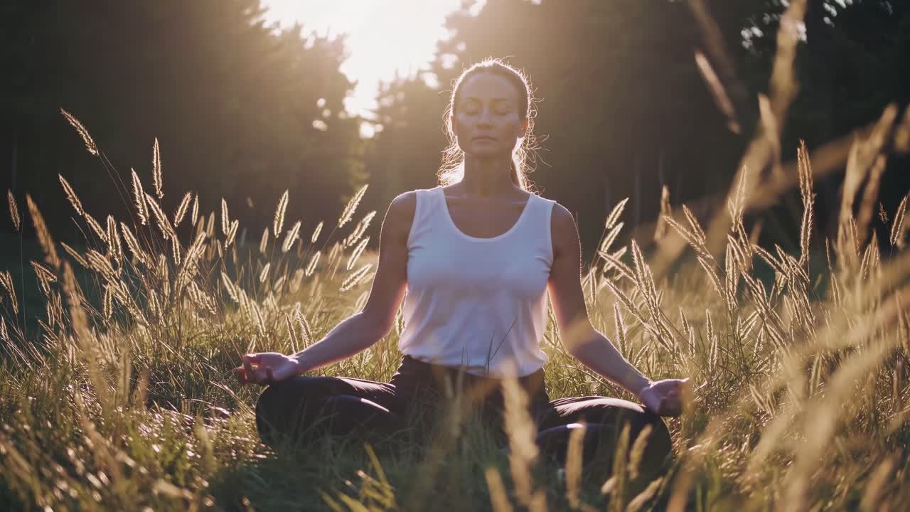 Serene video of a woman meditating in a sunlit field, captured from a low angle