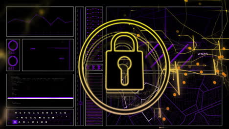 animación del procesamiento de datos y el icono del candado sobre un fondo oscuro